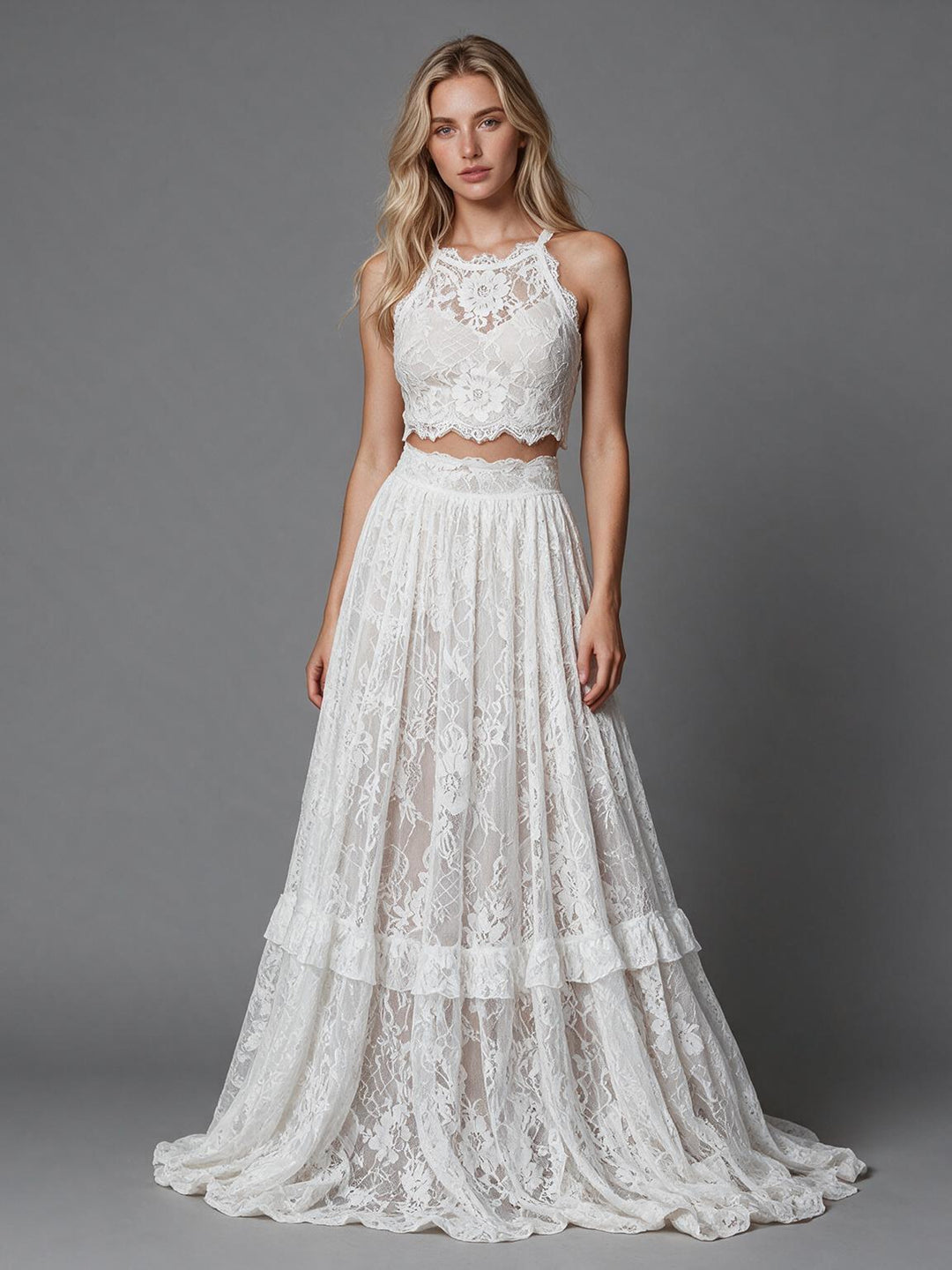 Ivory Two-Piece Halter Lace Wedding Dress with Tiered Ruffle Skirt