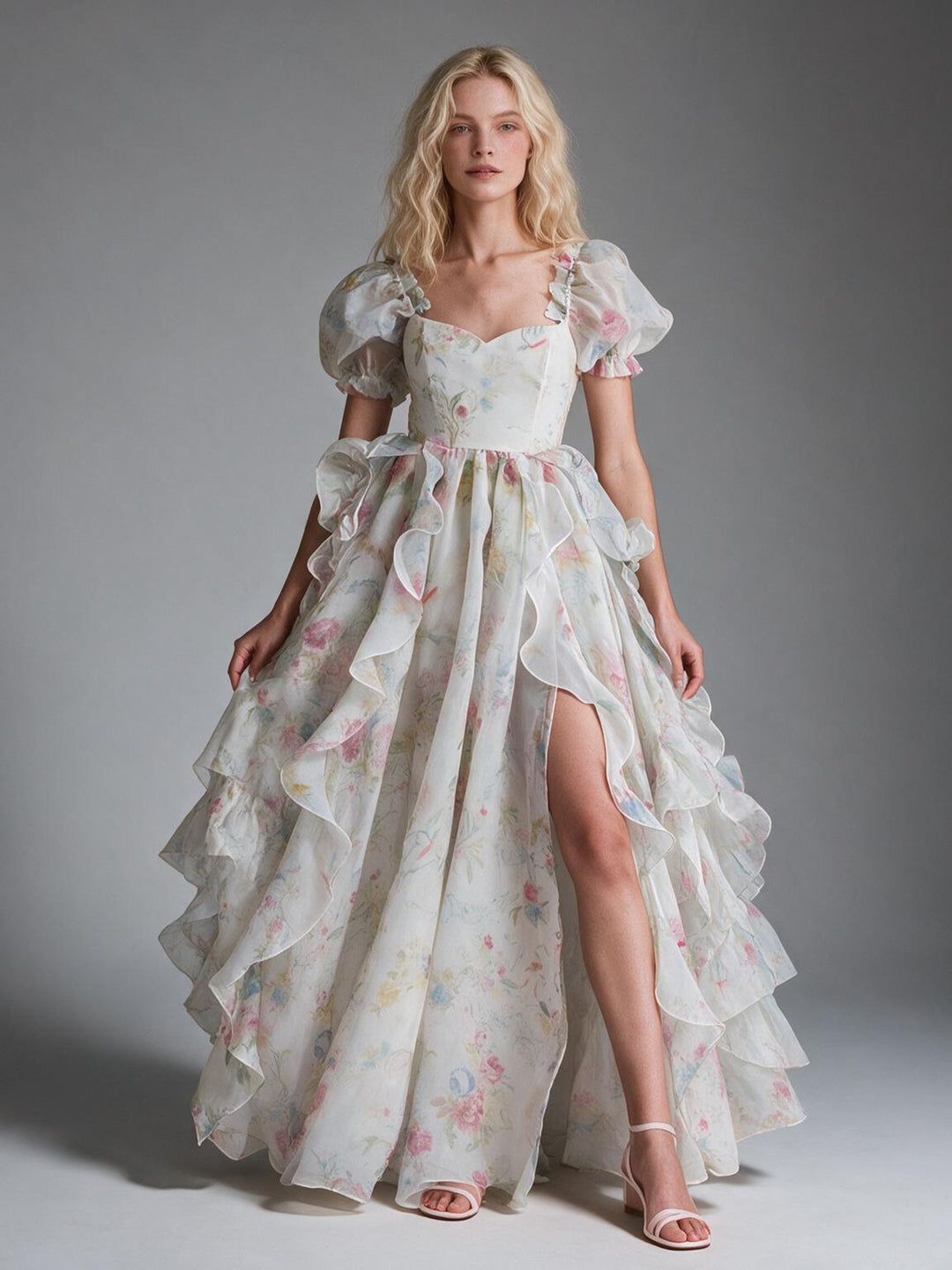 Pastel Watercolor Floral Ruffle Puff Sleeve Princess Dress YW2609274