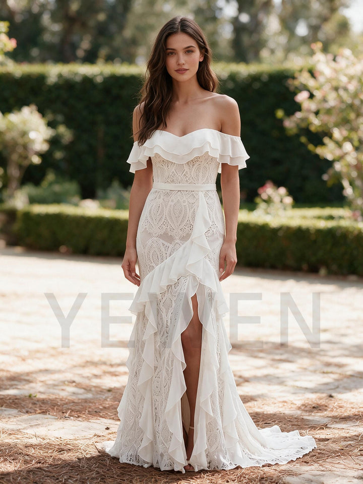 Ivory Off-Shoulder Ruffle Neckline Fitted Lace Boho Wedding Dress