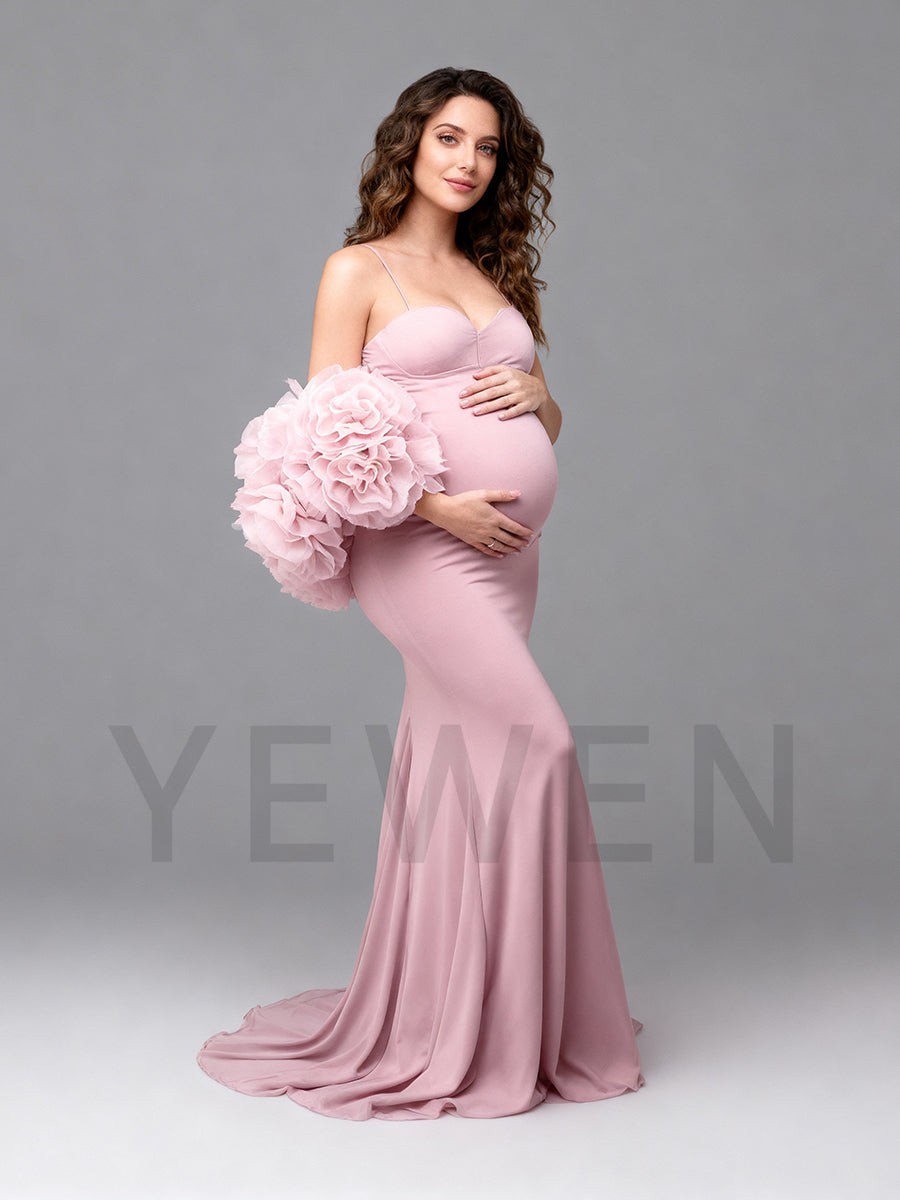 Pink Rose Cape Maternity Dress Photoshoot 2 Piece Set Gown