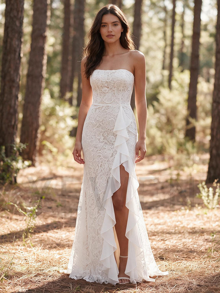 Ivory Strapless Fitted Lace Mermaid Boho Wedding Dress with High Slit Skirt