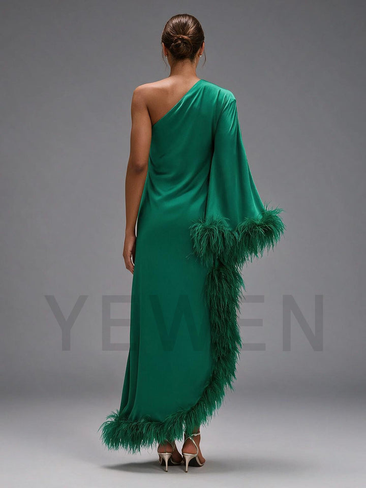 Green One-Shoulder Ostrich Feather Poncho Satin Evening Gown YW2610067