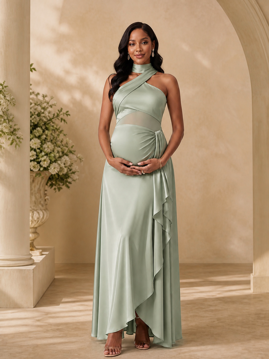 Sage Green Satin Maternity Baby Shower Dress Criss Cross Halter Neck ZX005