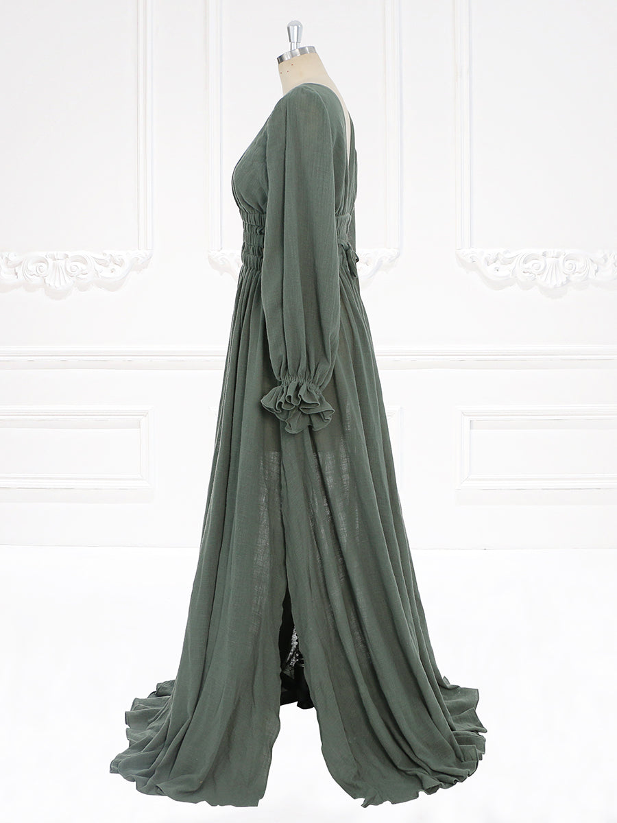 Long Sleeves Elastic Waist Boho Beach Dress Side Slit Woman Photo Shoot Dresses YW221118-1 14 / M36