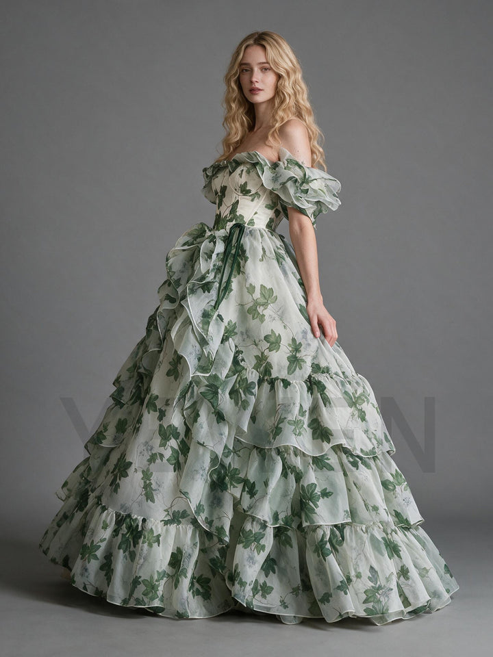Leaf Print Off-Shoulder Ruffle Puff Sleeve Princess Dress YM260904