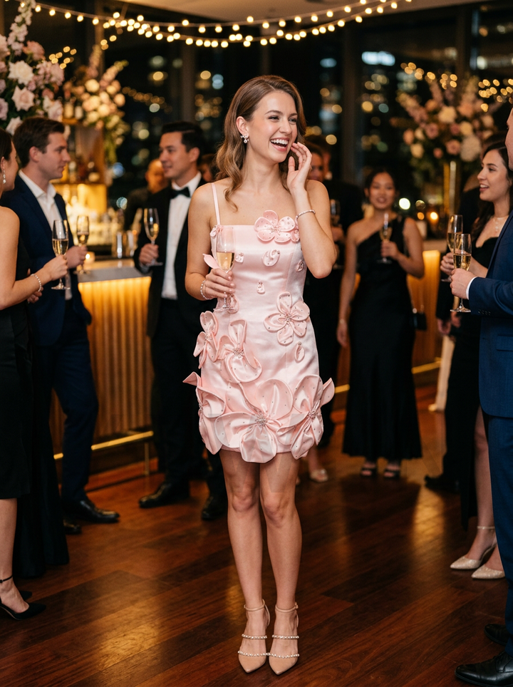 Glamorous Pink 3D Floral Applique Short Birthday Party Gown YD260815