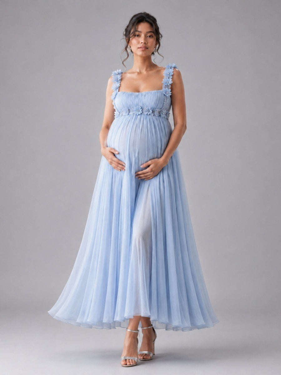 Light Blue Square Neck 3D Floral Maternity Baby Shower Dress L-26926