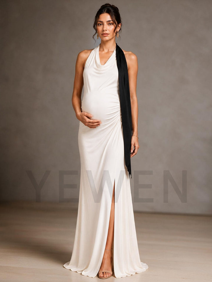 Ivory Halter Black Draped Maternity Baby Shower Dress L-26929