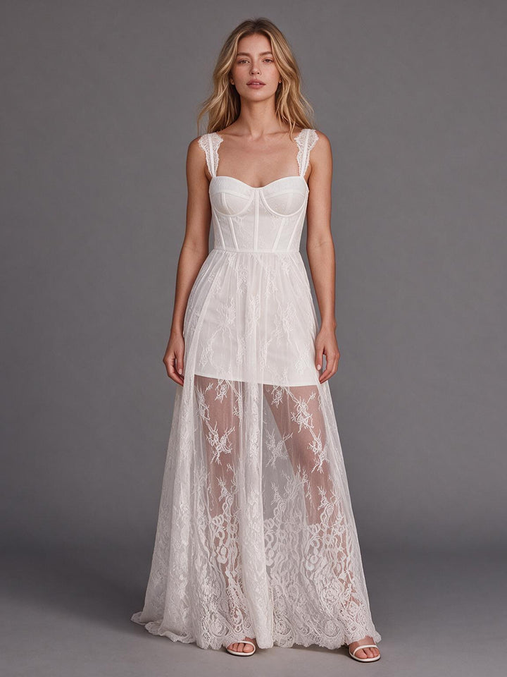 Ivory Sweetheart Neckline Lace Boho Wedding Dress with Sheer Lace Maxi Skirt
