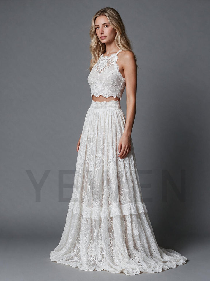 Ivory Two-Piece Halter Lace Wedding Dress with Tiered Ruffle Skirt