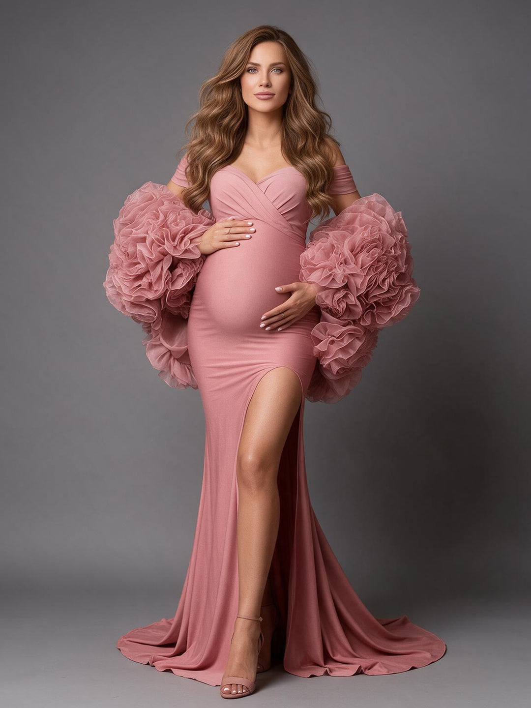 Dusty 3D Floral Cape High Slit Maternity Gown for Photoshoot YW2610196