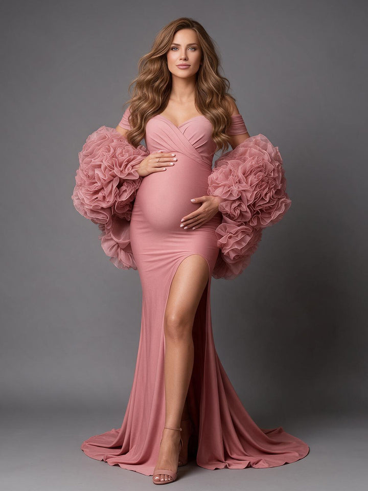 Dusty 3D Floral Cape High Slit Maternity Gown for Photoshoot YW2610196