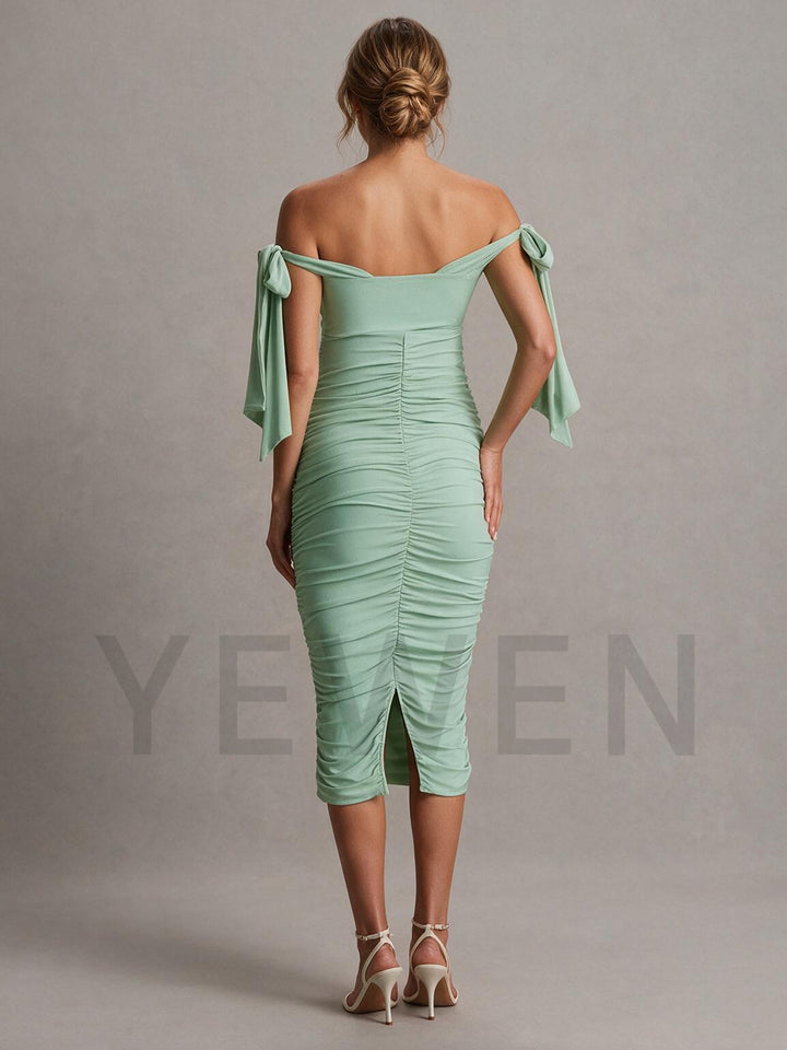 Off-Shoulder Tie Strap Ruched Maternity Dress for Baby Shower YM261001