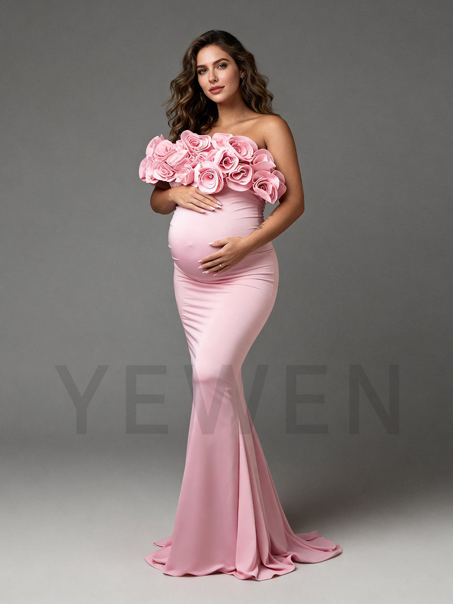 Pink Mermaid Maternity Dress with Rose Flower Baby Shower Gown for Pregency Women