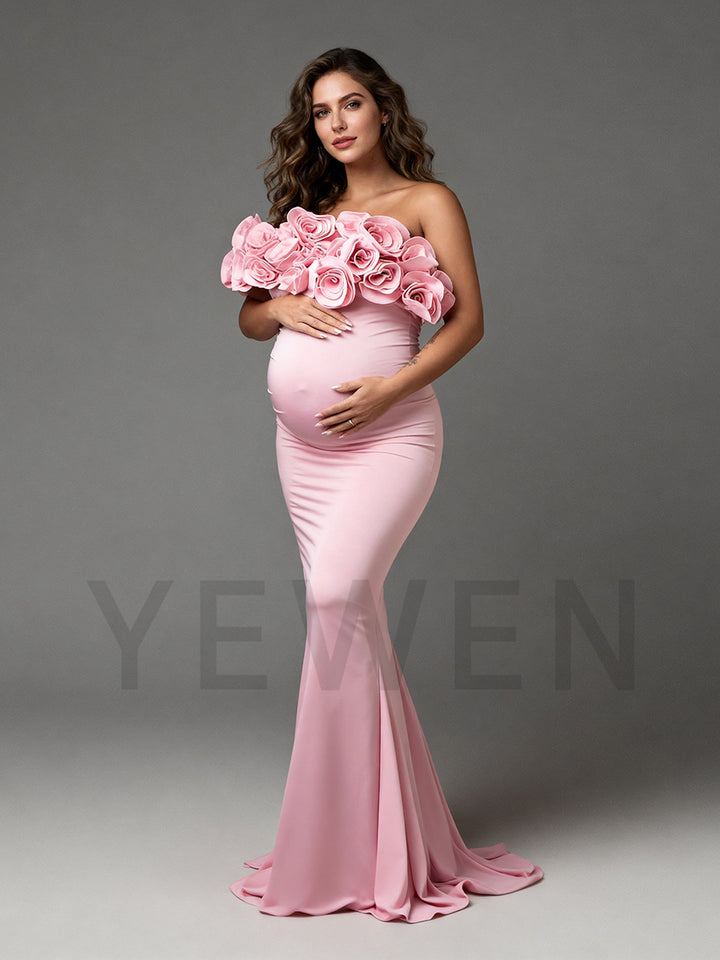 Pink Mermaid Maternity Dress with Rose Flower Baby Shower Gown for Pregency Women