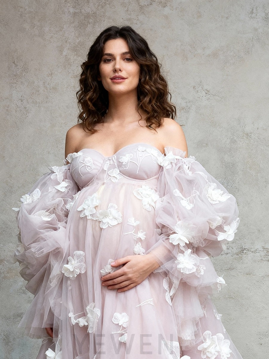 3D Floral Appliques Pregnant women Gown Photography Dress for Baby Shower Front Split