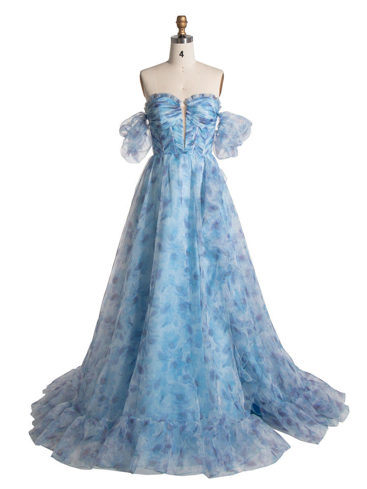 Off The Shoulder Blue Floral Printed Organza Party Dress YE3008