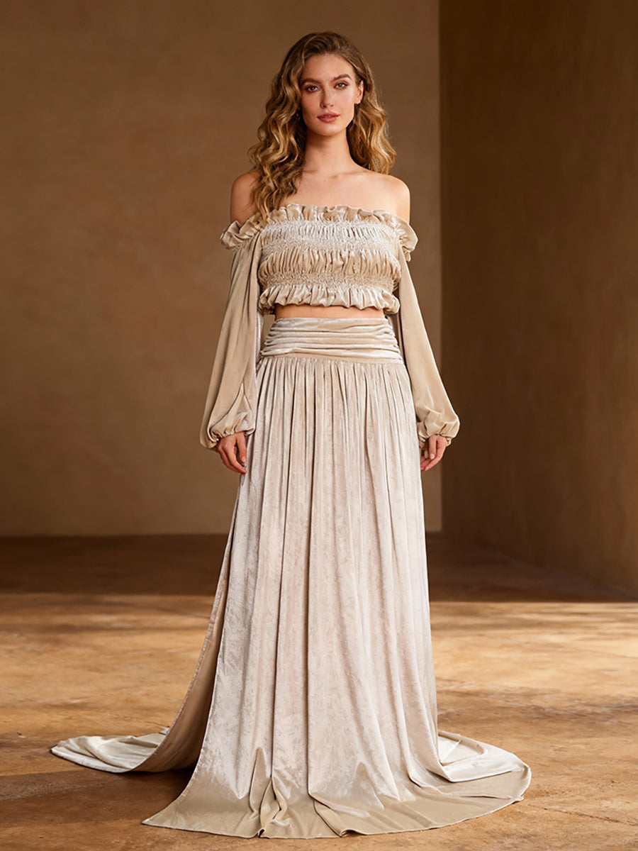 Two-Piece Cream Beige Velvet Crop Top and Long Skirt Set Woman Maxi V – yewendress
