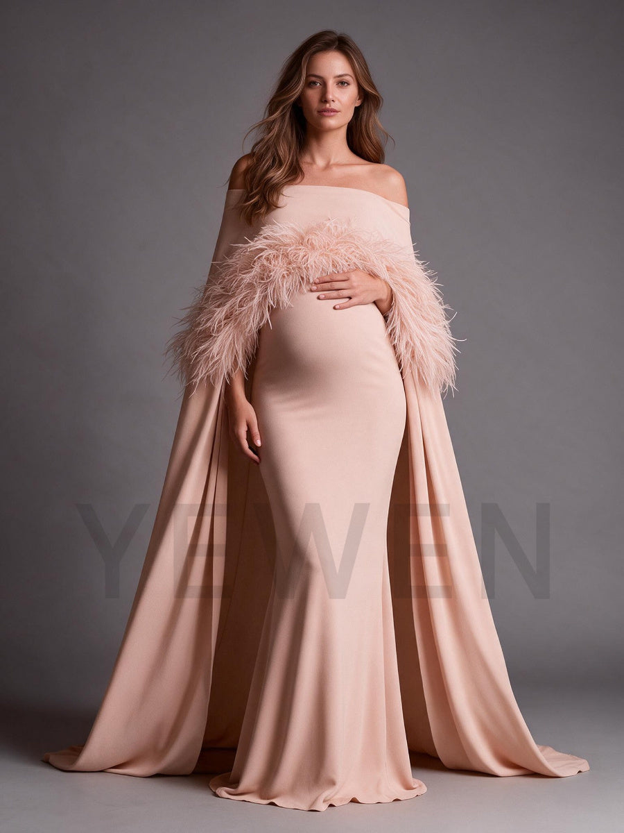 Off-Shoulder Feather Cape Pregnancy Dress for Baby Shower YW2609232