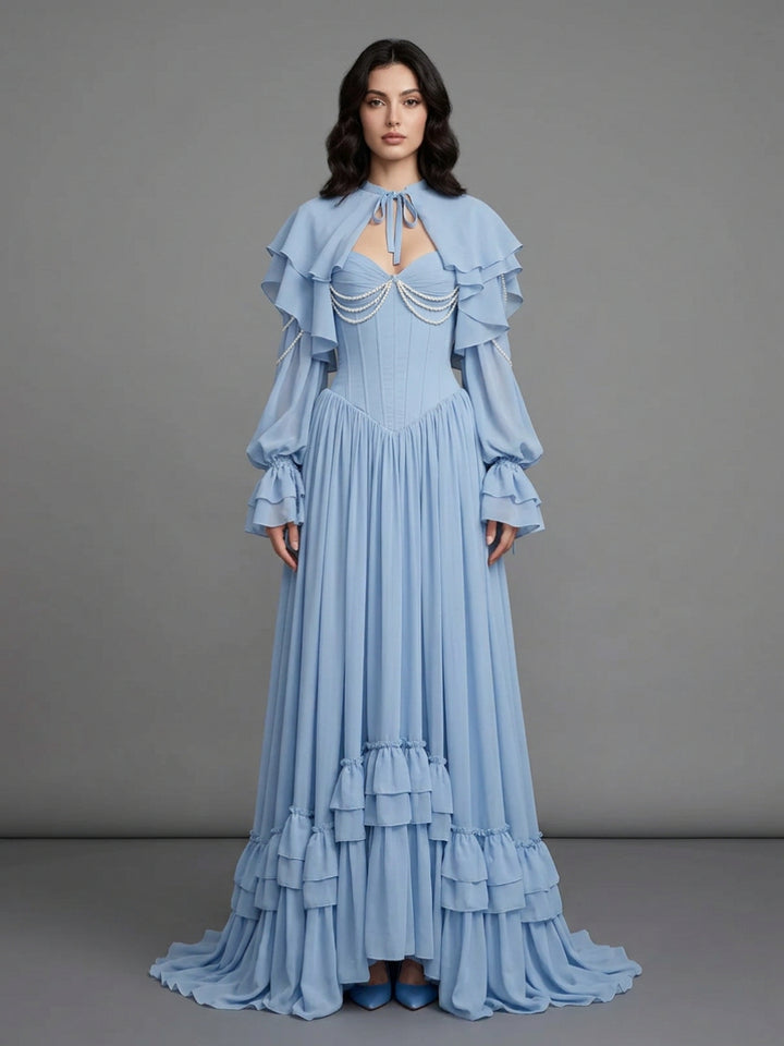 Blue Detachable Cape Sleeve Pearl Ruffle Corset Evening Gown YD260910