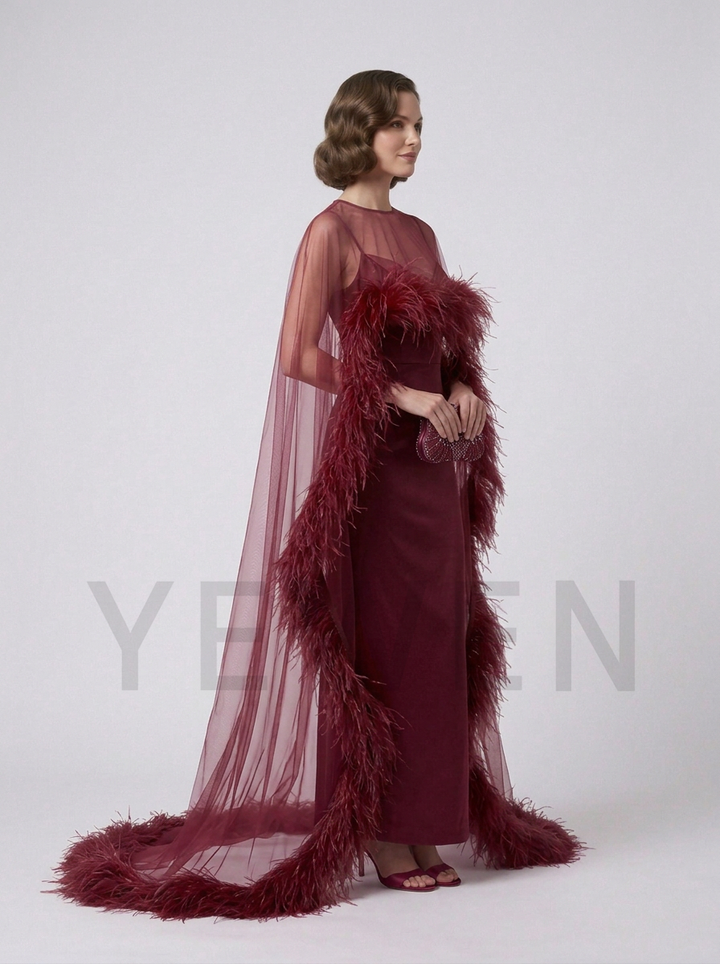 Sheer Cape Ostrich Feather Maternity Dress for Baby Shower YD260929