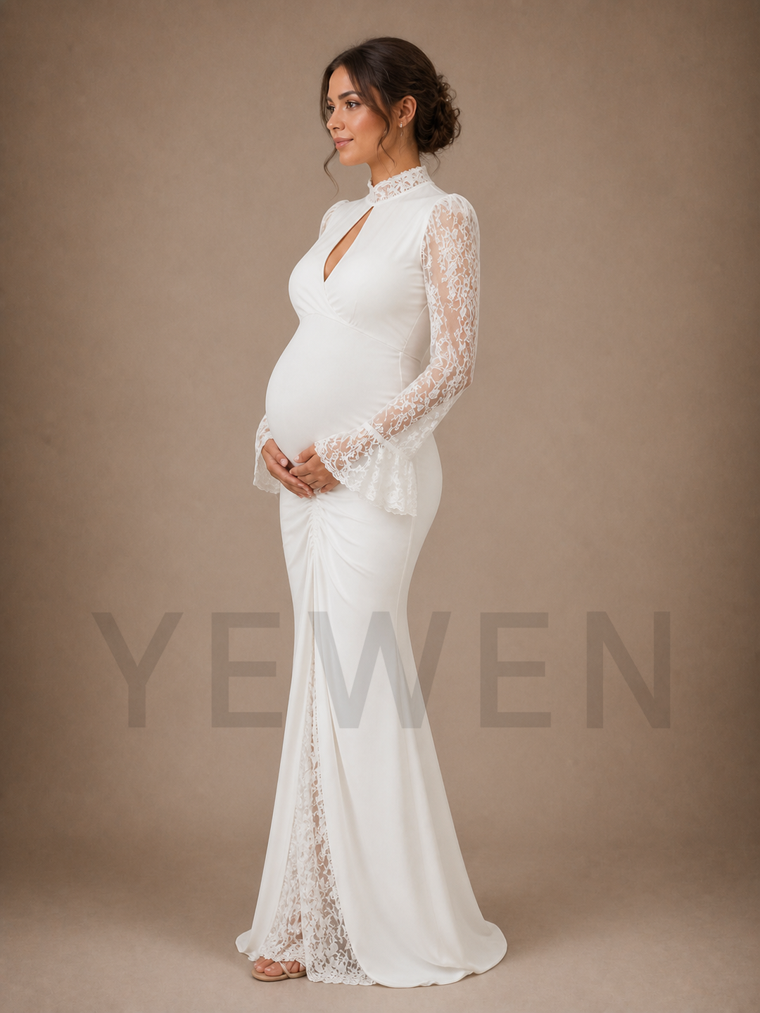 White Keyhole Maternity Baby Shower Dress High Neck Gown with Lace Sleeves ZX016