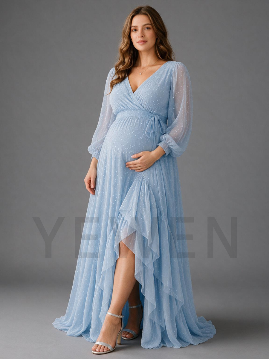 Blue Sheer Dot V-Neck Wrap Maternity Dress For Baby Shower