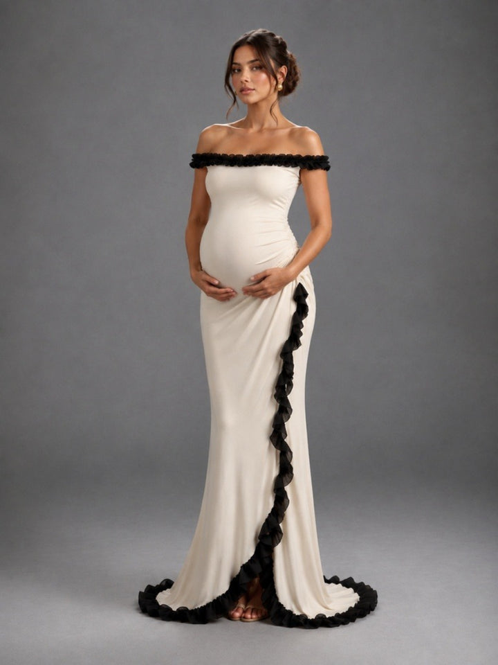 Ivory Off-Shoulder Black Ruffle Trim Maternity Baby Shower Dress L-26925