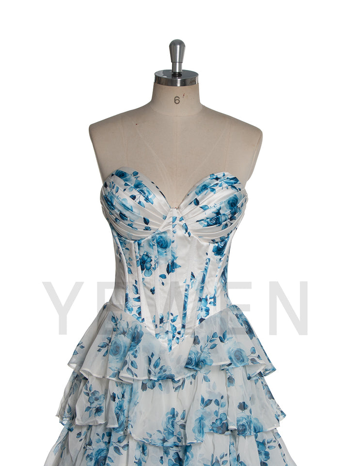 Elegant A Line Printed Chiffon Long Prom Dress with Ruffles YW240048