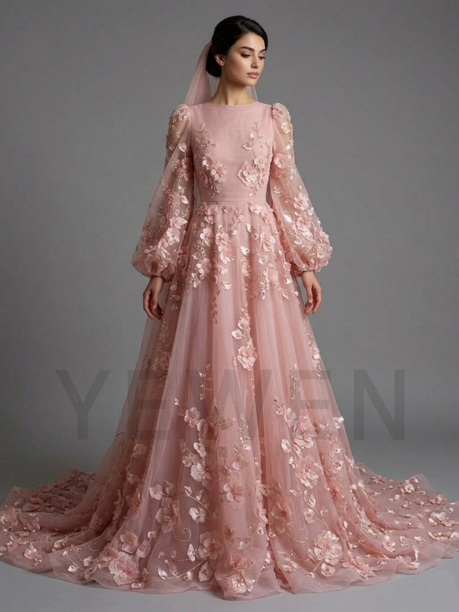 Pink 3D Floral Puff Long Sleeves Evening Gown with Train YD260925