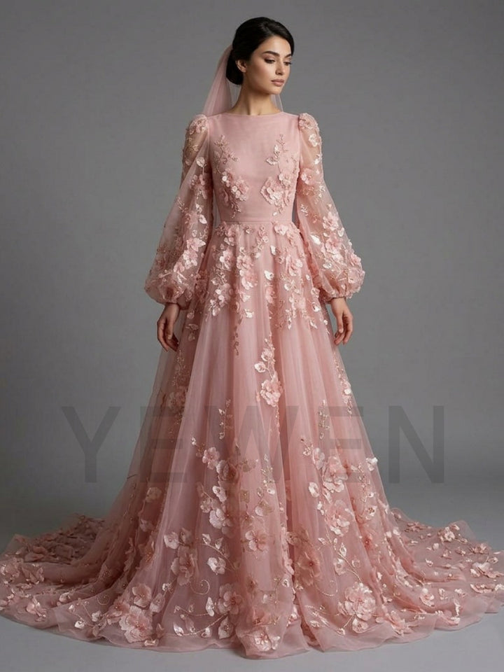 Pink 3D Floral Puff Long Sleeves Evening Gown with Train YD260925