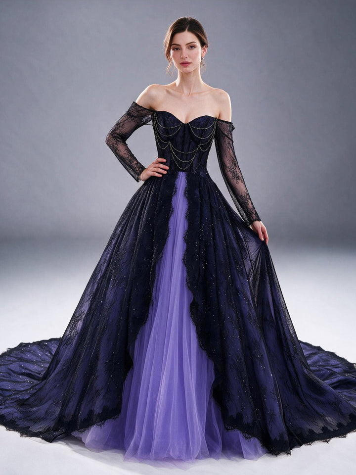 Navy Purple Off-Shoulder Long Sleeve Corset Lace Evening Gown YX26106