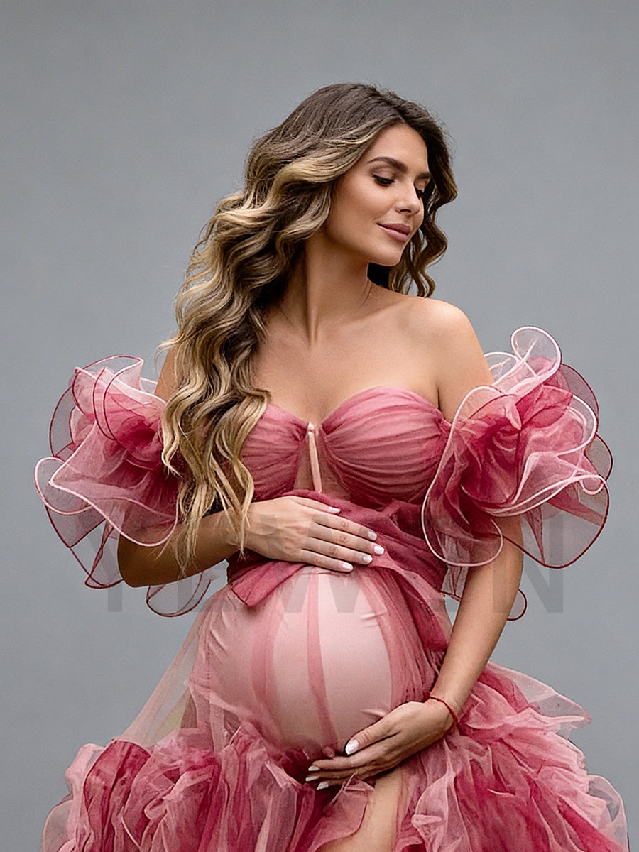 Layer Ruffles Pregnant Women Maternity Dress Photoshoot Dress Dramatic Pregnancy Shooting Dress