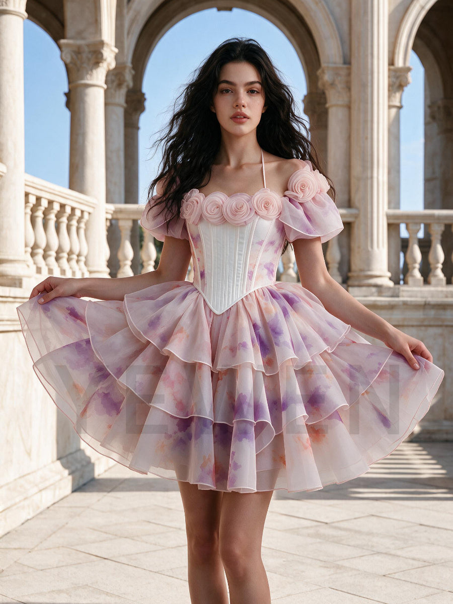 Pink Purple Floral Watercolor 3D Rose Princess Dress WT268016