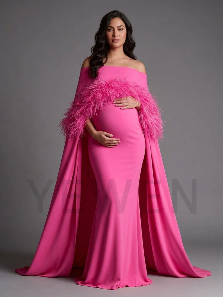 Off-Shoulder Feather Cape Pregnancy Dress for Baby Shower YW2609232