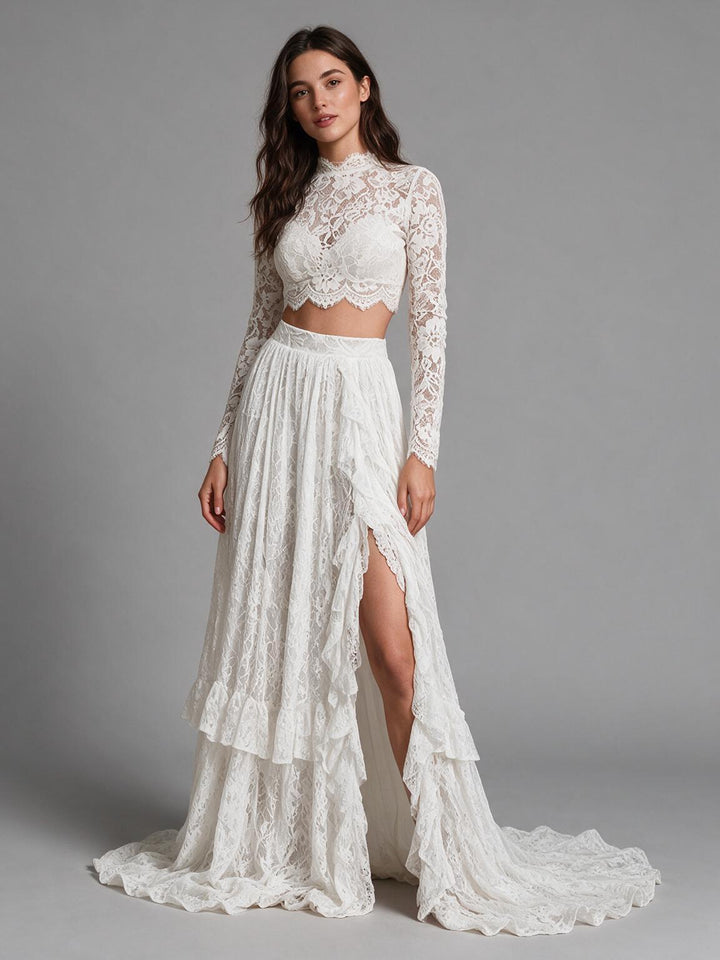 Ivory Two-Piece High Neck Wedding Dress with High Slit Ruffle Skirt