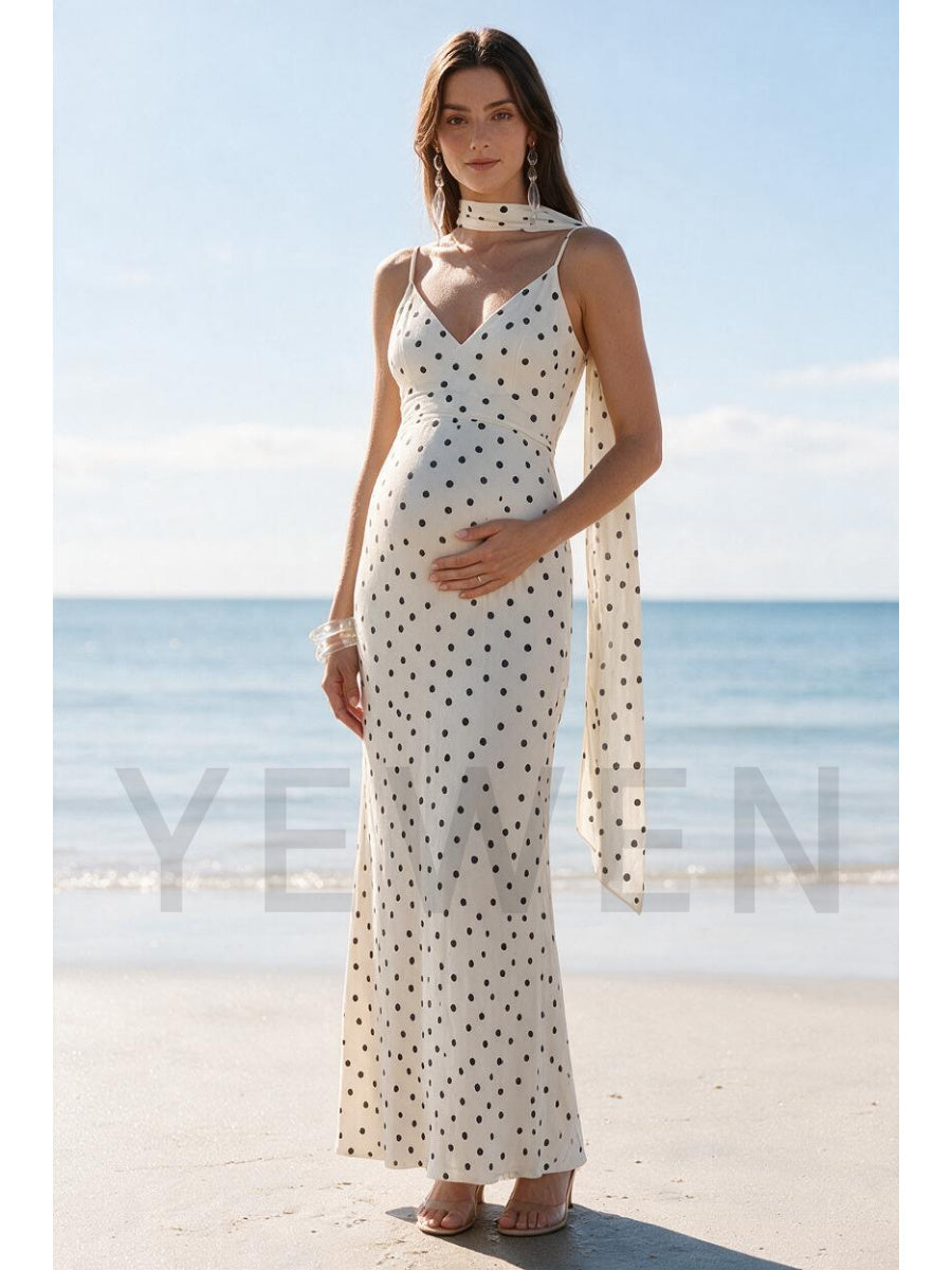 Ivory Polka Dot Milk Silk Maternity Dress For Baby Shower & Vacation YD260835