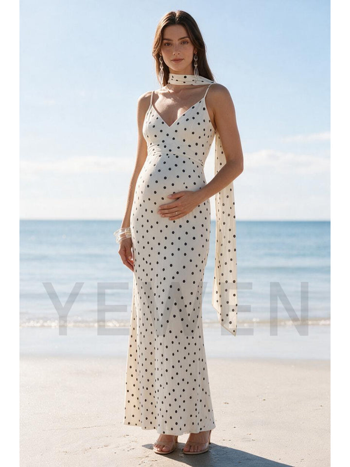 Ivory Polka Dot Milk Silk Maternity Dress For Baby Shower & Vacation YD260835