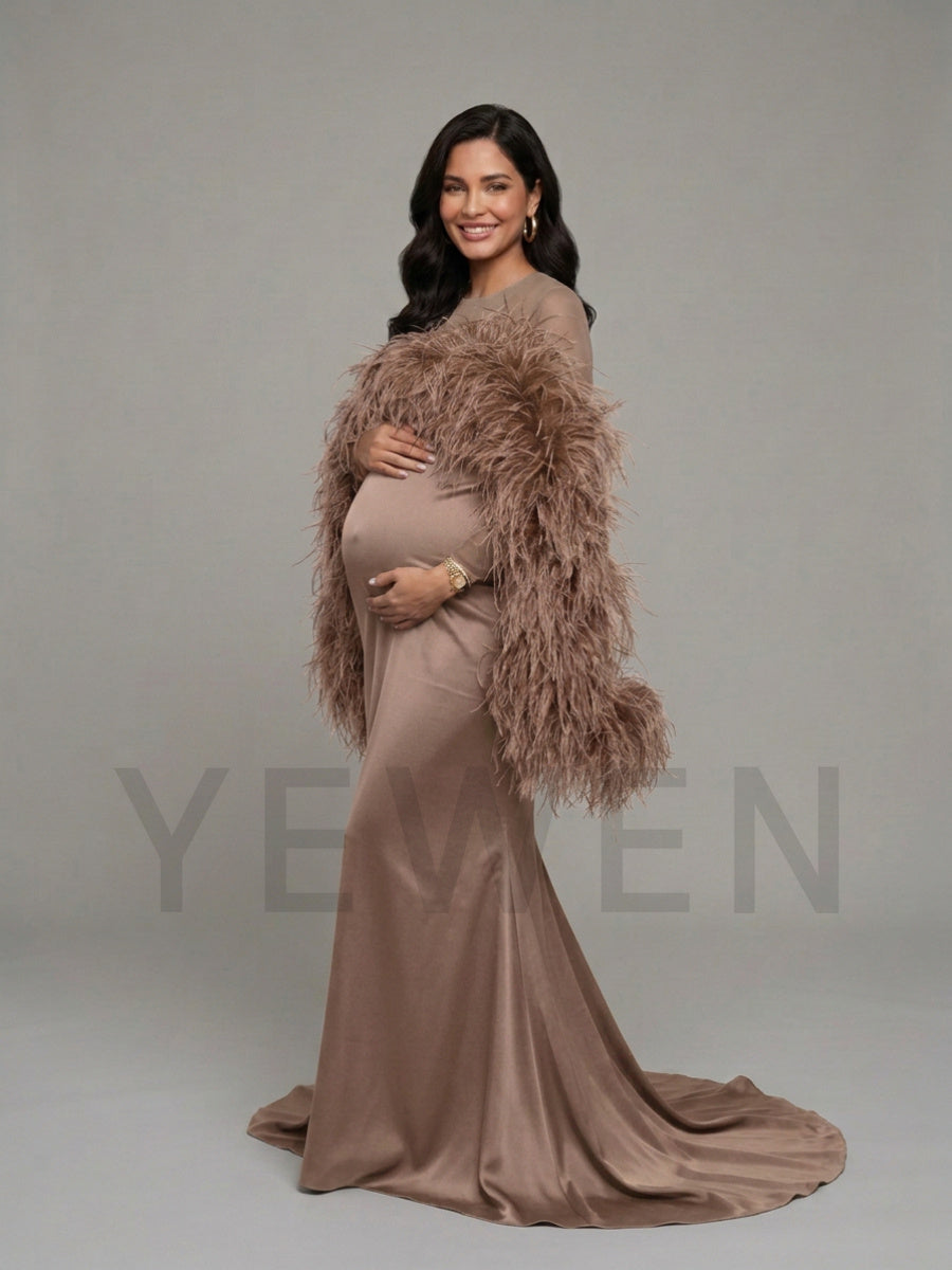 Dramatic Ostrich Feather Cape Maternity Baby Shower Dress YD260917