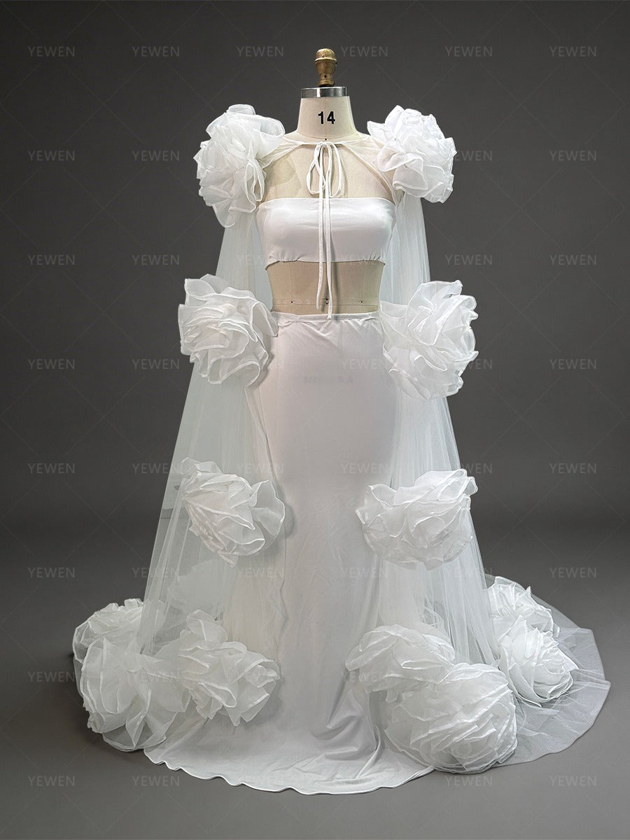 Dramatic Black Maternity Dress Photoshoot Big Flower Cape 3 Piece Set Baby Shower Dress YW250087