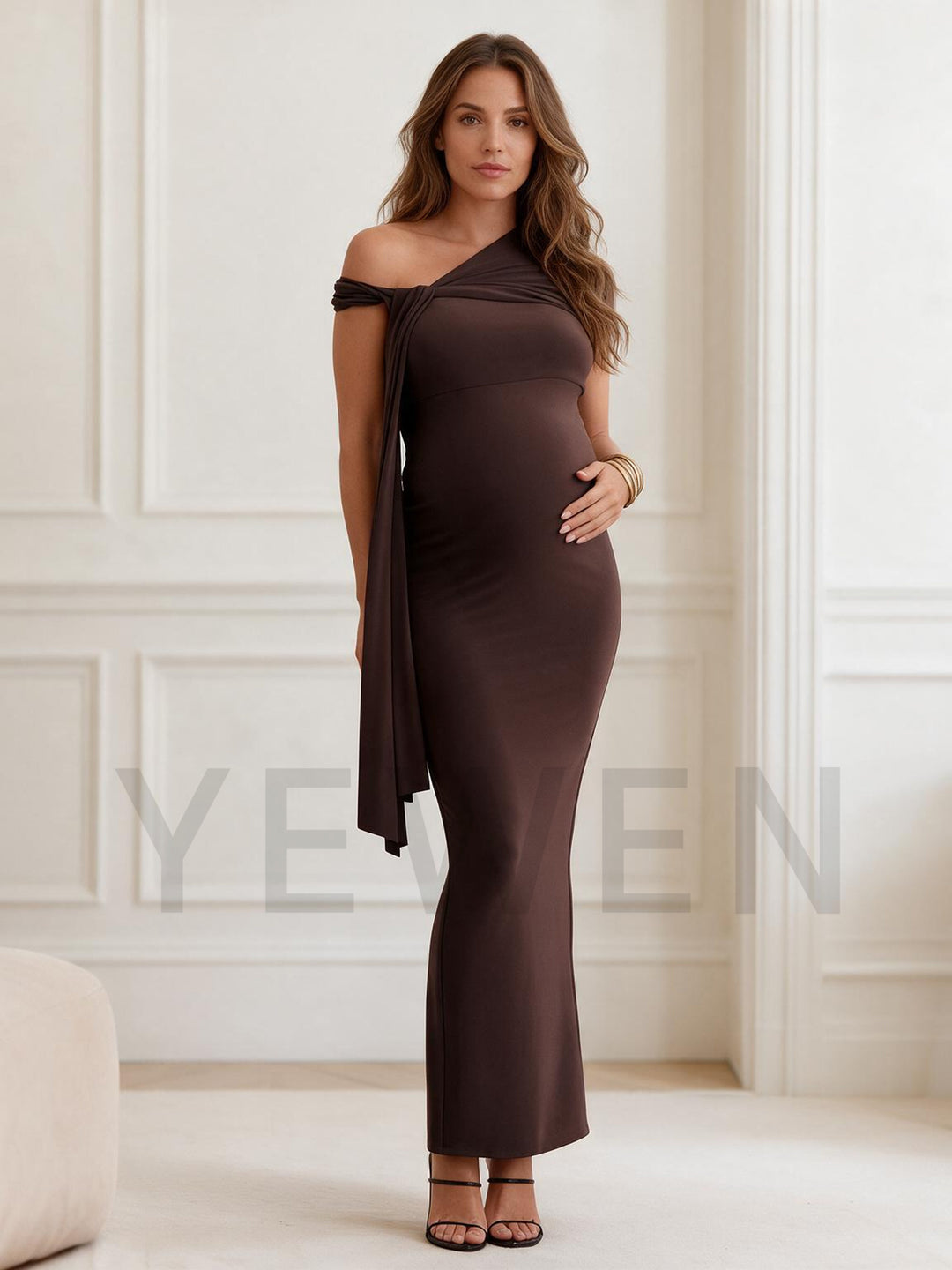 Asymmetrical One-Shoulder Twist Ruched Maternity Dress for Baby Shower