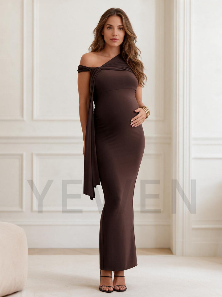 Asymmetrical One-Shoulder Twist Ruched Maternity Dress for Baby Shower