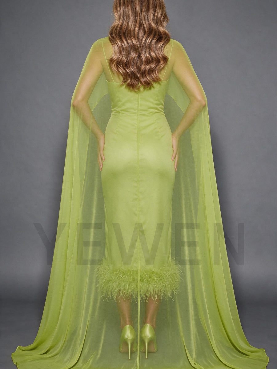 Green Ostrich Feather Hem Maternity Baby Shower Dress With Flowing Cape YD260835