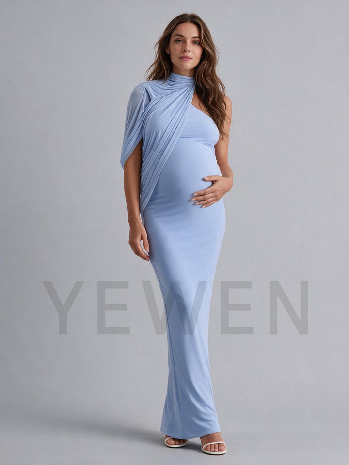 High Neck Draped Shoulder Cape Maternity Dress for Baby Shower