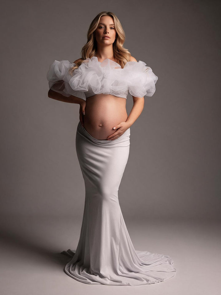 White Two-Piece Ruffle Mermaid Maternity Photoshoot Gown YW2609303