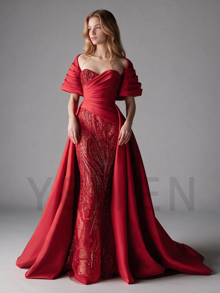 Red Off-Shoulder Ruched Satin Cape Sequin Christmas Dress YW2610091