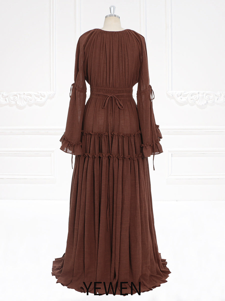 Long Sleeves Cotton Woman Maxi Dresses Side Slit Photo Shoot Dress YEWEN YW231092 4-6 / M59