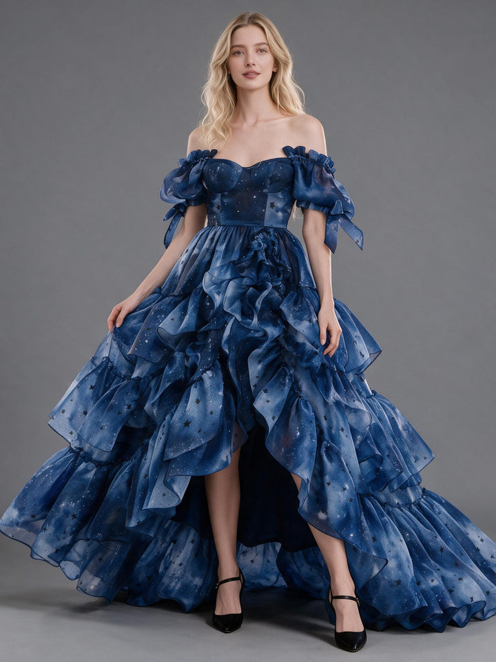 Navy Celestial Star Off-Shoulder Puff Sleeve Princess Dress YW2610166