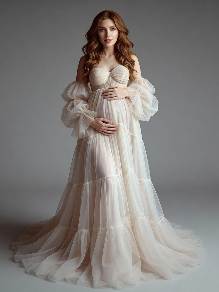 Tulle Maternity Dress for Photoshoot Strapless Long Ruffles Pregnancy Gown for Baby Shower