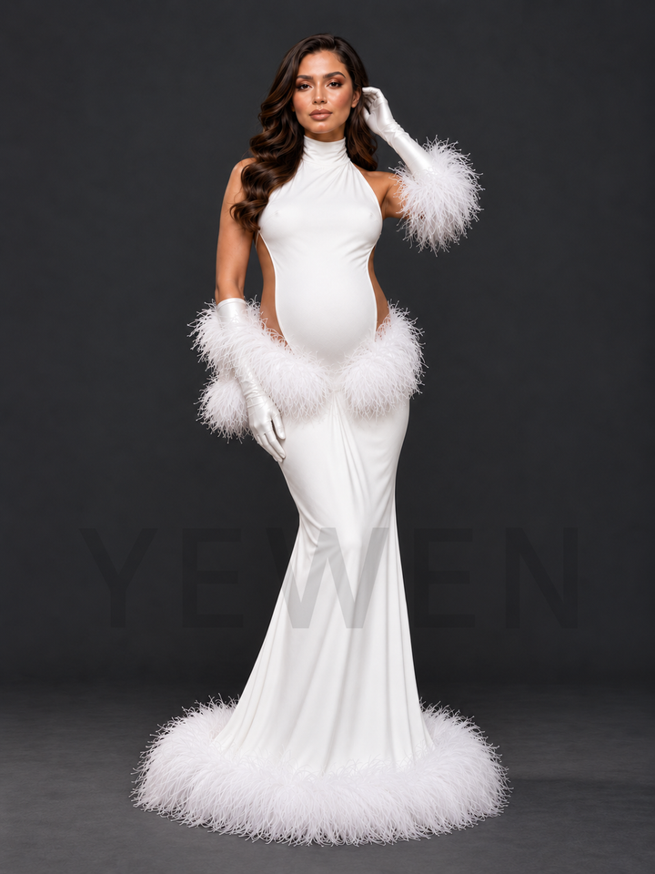 White High Halter Cutout Feather Maternity Photoshoot Gown HY269007